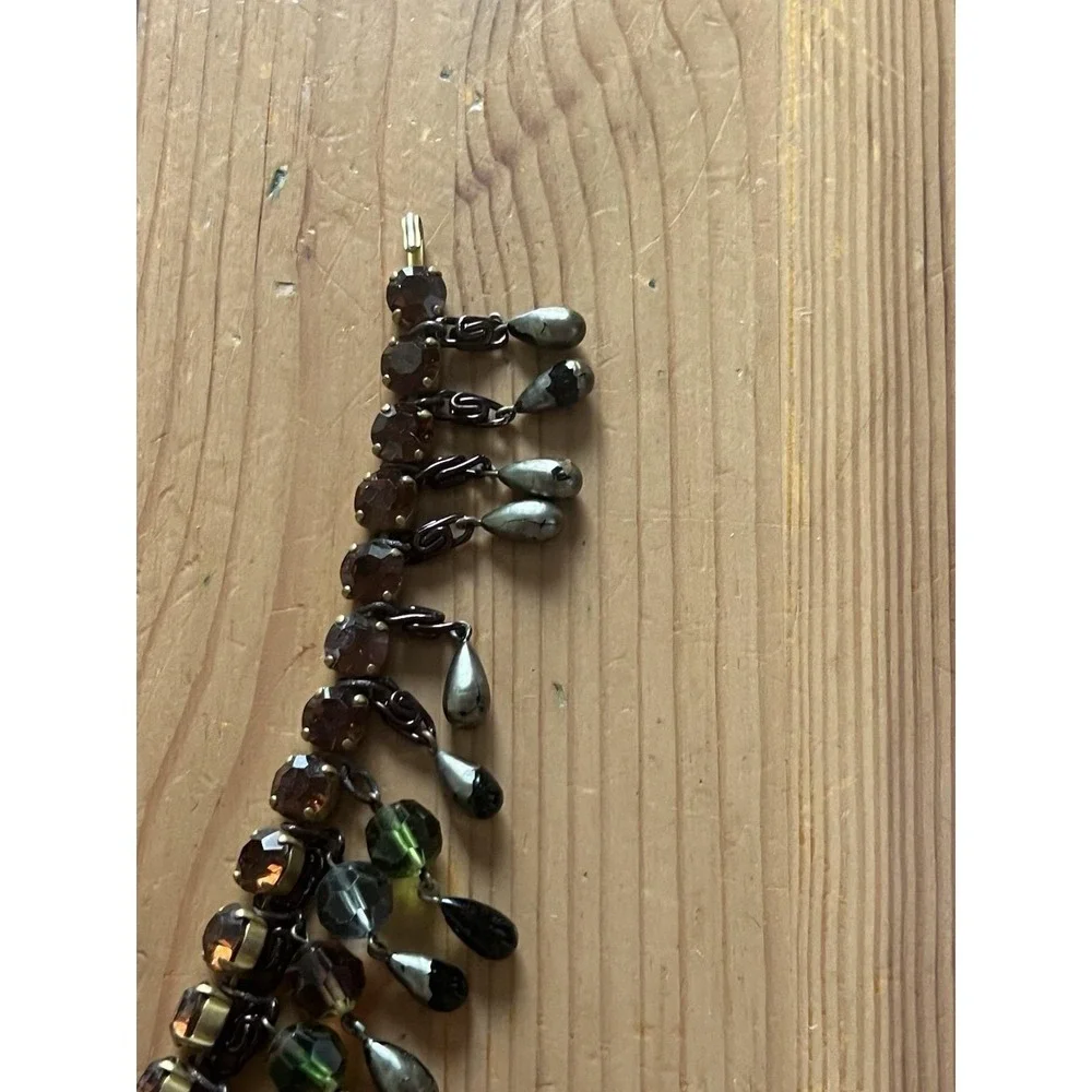 Vintage Beaded Bib Statement Necklace Green Brown Black Adjustable Fringe Boho